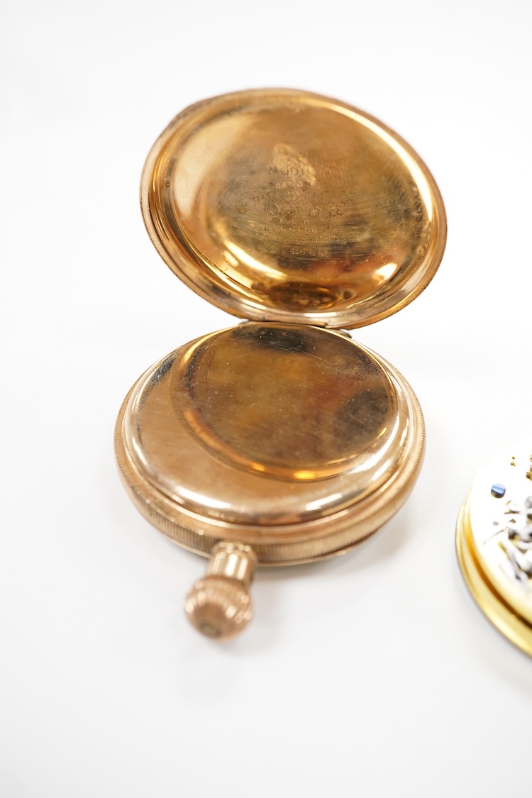 An early 20th century gilt pocket watch and a pocket watch movement, the gilt pocket watch cased by ALD Dennison, numbered 214665, movement numbered 308461, length 6.3cm; together with a pocket watch movement, the white